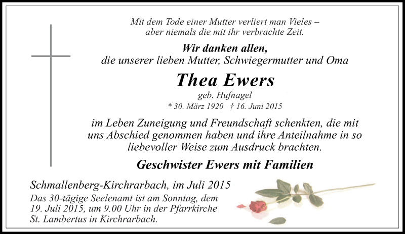  Traueranzeige für Thea Ewers vom 18.06.2015 aus Tageszeitung
