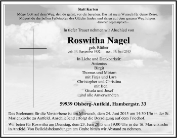 Traueranzeige von Roswitha Nagel von Tageszeitung