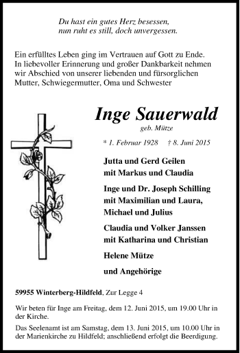 Traueranzeige von Inge Sauerwald von Tageszeitung