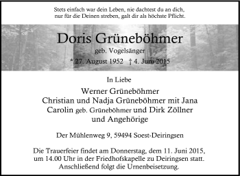 Traueranzeige von Doris Grüneböhmer von Tageszeitung