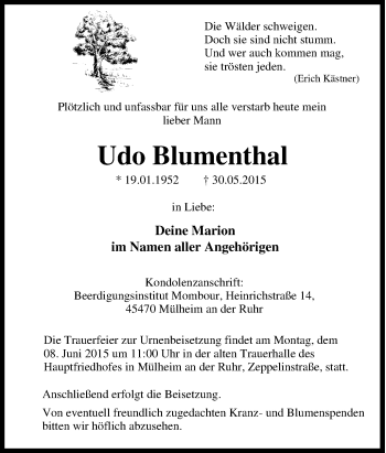 Traueranzeige von Udo Blumenthal von Tageszeitung