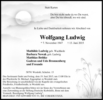 Traueranzeige von Wolfgang Ludwig von Tageszeitung