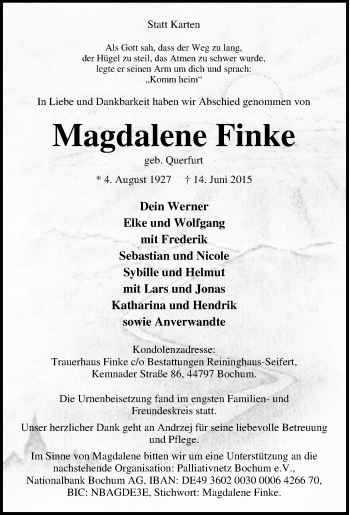 Traueranzeige von Magdalene Finke von Tageszeitung