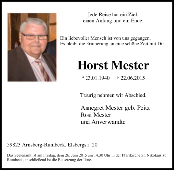 Traueranzeige von Horst Mester von Tageszeitung
