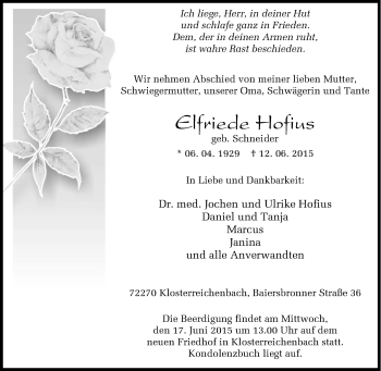 Traueranzeige von Elfriede Hofius von Tageszeitung