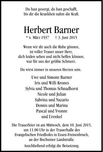 Traueranzeige von Herbert Barner von Tageszeitung