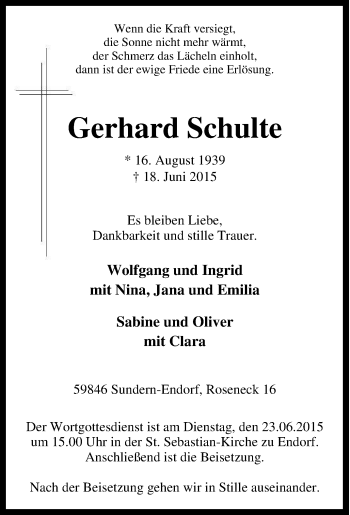 Traueranzeige von Gerhard Schulte von Tageszeitung