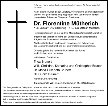 Traueranzeige von Florentine Mütherich von Tageszeitung