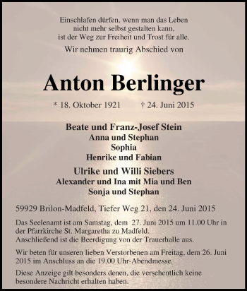 Traueranzeige von Anton Berlinger von Tageszeitung