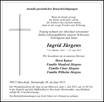 Traueranzeige von Ingrid Jürgens von Tageszeitung