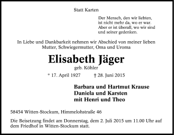 Traueranzeige von Elisabeth Jäger von Tageszeitung