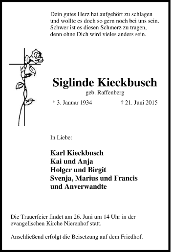 Traueranzeige von Siglinde Kieckbusch von Tageszeitung