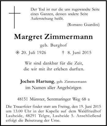 Traueranzeige von Margret Zimmermann von Tageszeitung