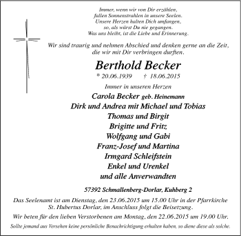 Traueranzeige von Berthold Becker von Tageszeitung