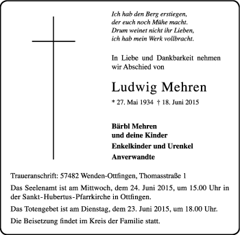 Traueranzeige von Ludwig Mehren von Tageszeitung