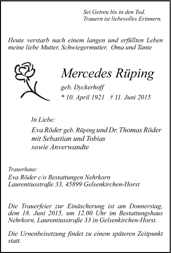 Traueranzeige von Mercedes Rüping von Tageszeitung