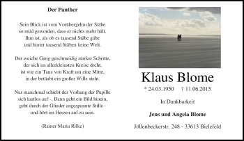 Traueranzeige von Klaus Blome von Tageszeitung