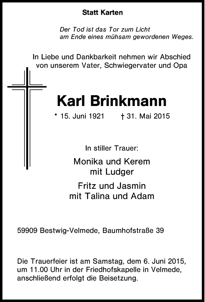  Traueranzeige für Karl Brinkmann vom 03.06.2015 aus Tageszeitung