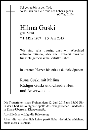 Traueranzeige von Hilma Guski von Tageszeitung