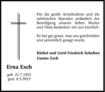 Traueranzeige von Erna  Esch von Tageszeitung