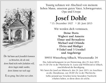Traueranzeige von Josef Dohle von Tageszeitung