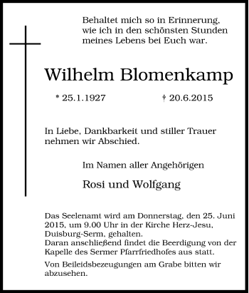 Traueranzeige von Wilhelm Blomenkamp von Tageszeitung