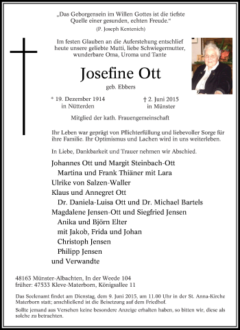 Traueranzeige von Josefine Ott von Tageszeitung