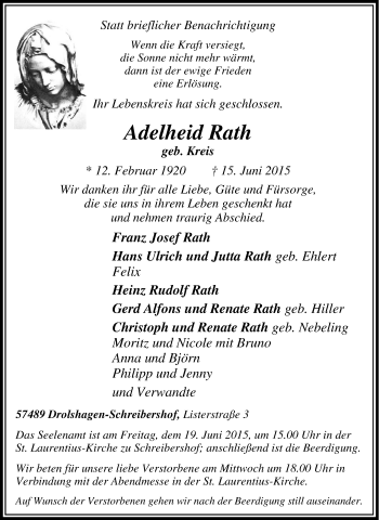 Traueranzeige von Adelheid  Rath  von Tageszeitung