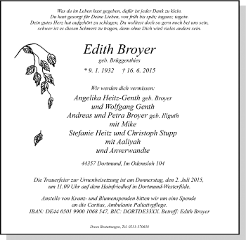 Traueranzeige von Edith Broyer von Tageszeitung