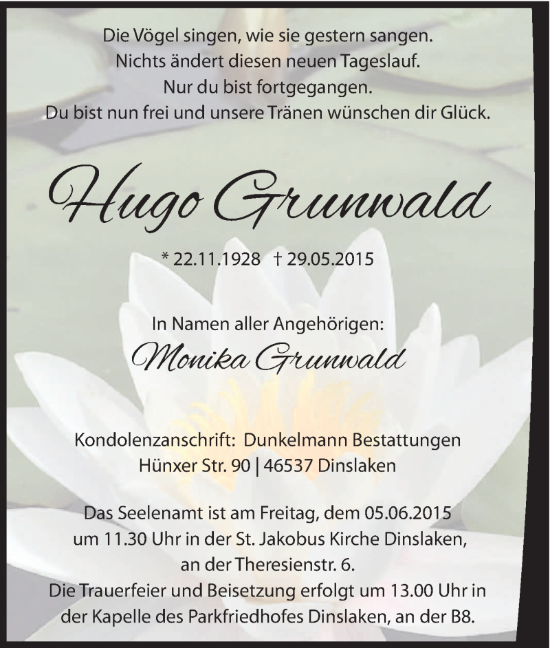  Traueranzeige für Hugo Grunwald vom 03.06.2015 aus Tageszeitung