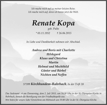 Traueranzeige von Renate Kopa von Tageszeitung