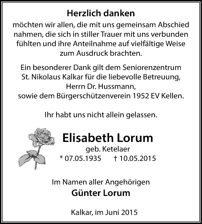  Traueranzeige für Elisabeth Lorum vom 17.06.2015 aus Tageszeitung