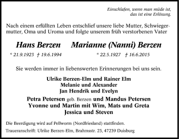 Traueranzeige von Hans Berzen von Tageszeitung
