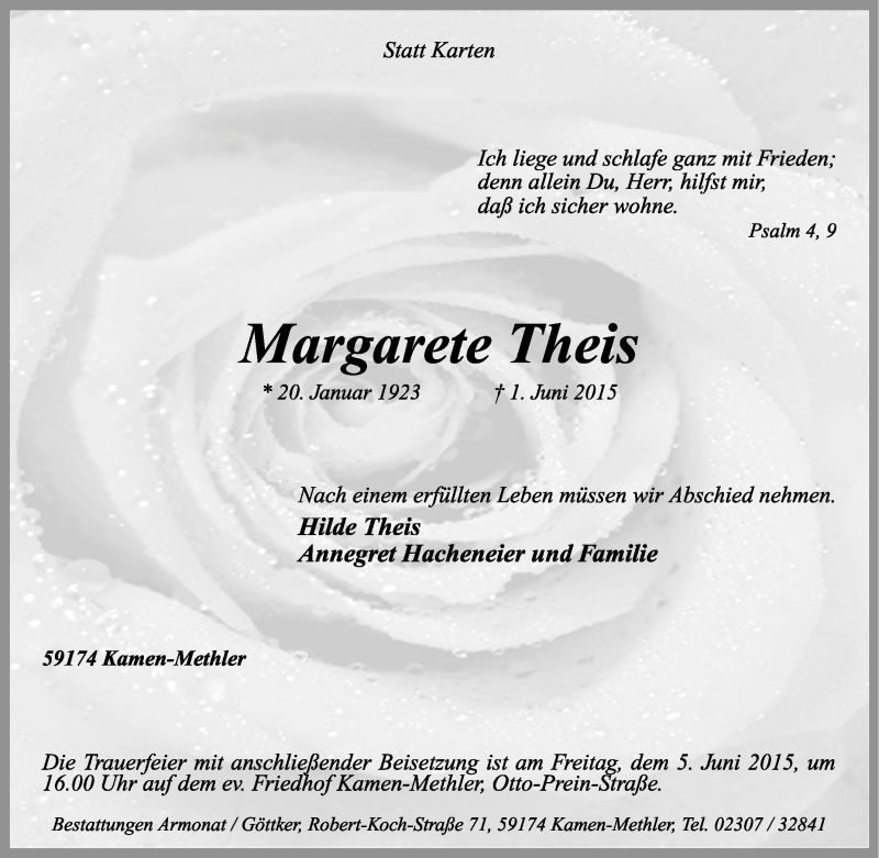 Traueranzeige für Margarete Theis vom 04.06.2015 aus Tageszeitung