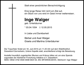 Traueranzeige von Inge Walger von Tageszeitung