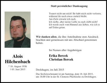 Traueranzeige von Alois Hilchenbach von Tageszeitung