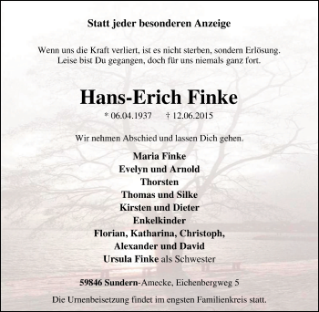 Traueranzeige von Hans-Erich Finke von Tageszeitung