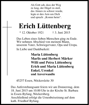 Traueranzeige von Erich Lüttenberg von Tageszeitung