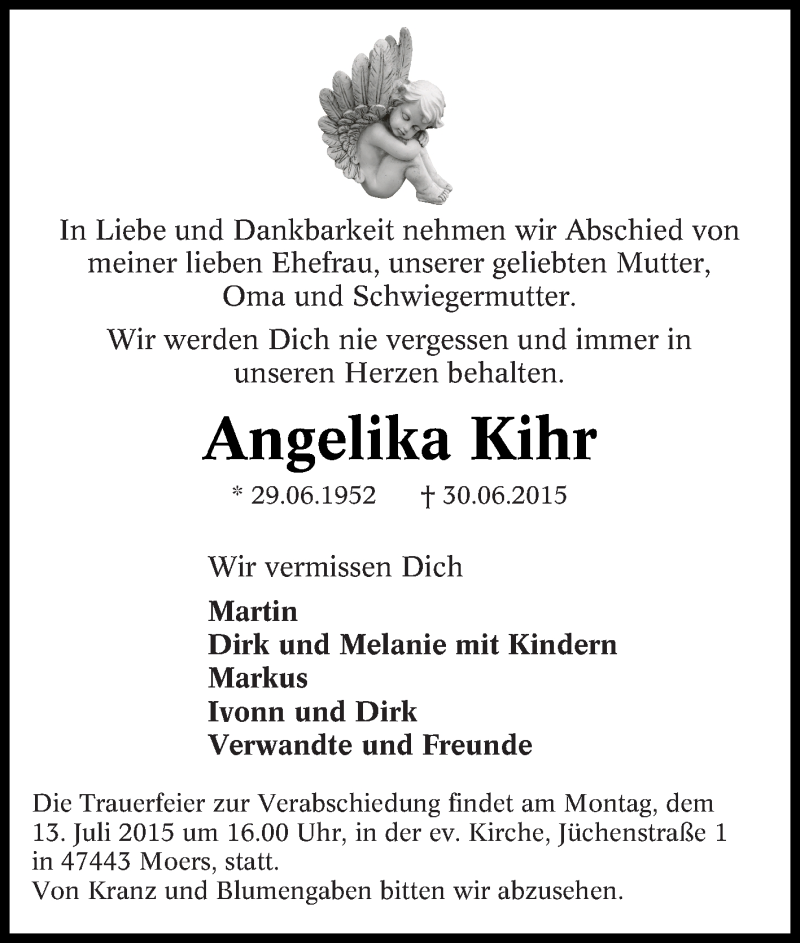  Traueranzeige für Angelika Kihr vom 10.07.2015 aus Tageszeitung