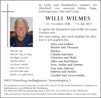 Traueranzeige von Willi Wilmes von Tageszeitung