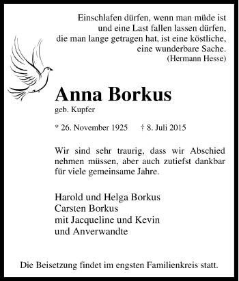 Traueranzeige von Anna Borkus von Tageszeitung
