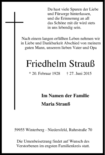 Traueranzeige von Friedhelm Strauß von Tageszeitung