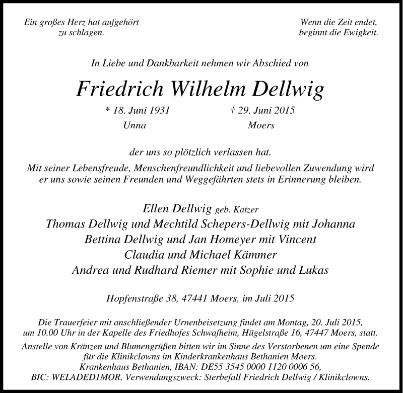  Traueranzeige für Friedrich Wilhelm Dellwig vom 11.07.2015 aus Tageszeitung