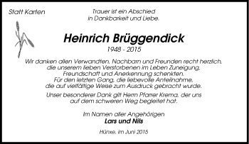 Traueranzeige von Heinrich Brüggendick von Tageszeitung
