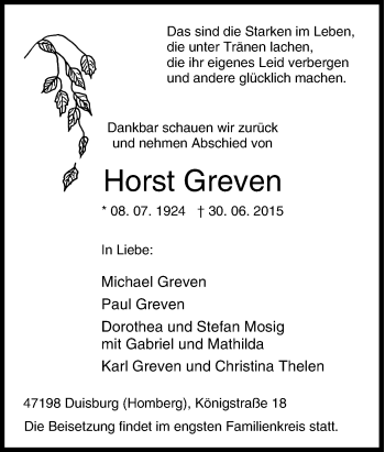 Traueranzeige von Horst Greven von Tageszeitung