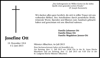 Traueranzeige von Josefine Ott von Tageszeitung