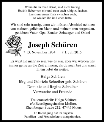 Traueranzeige von Joseph Schüren von Tageszeitung