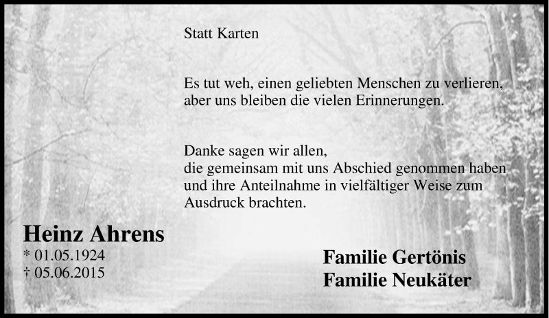  Traueranzeige für Heinz Ahrens vom 11.07.2015 aus Tageszeitung