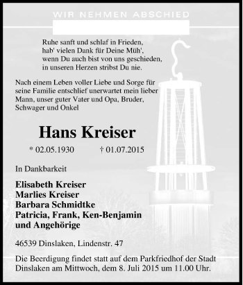 Traueranzeige von Hans Kreiser von Tageszeitung