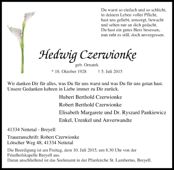 Traueranzeige von Hedwig Czerwionke von Tageszeitung